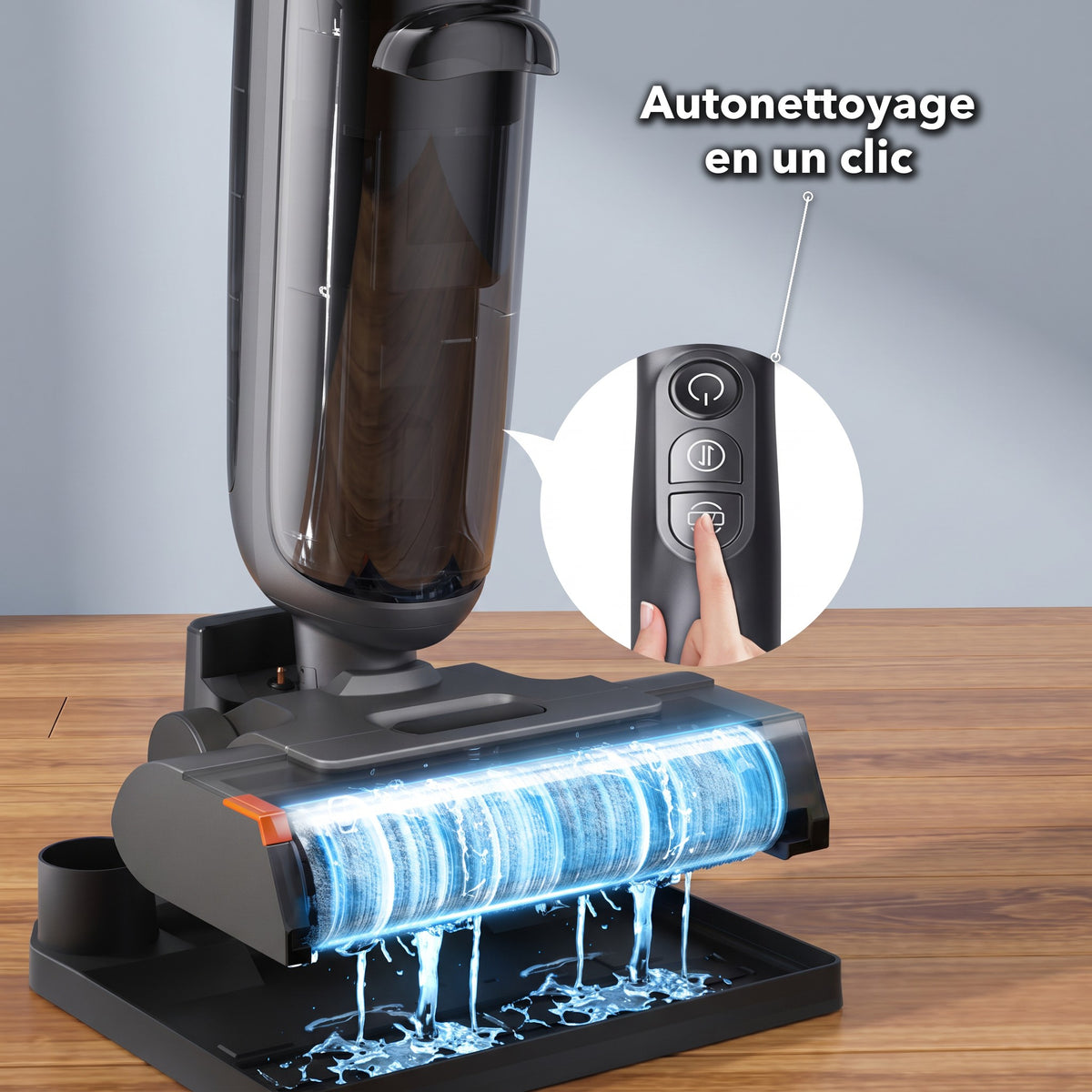 Aspirateur laveur LU LIFE sur sa base : autonettoyage de la brosse en un clic