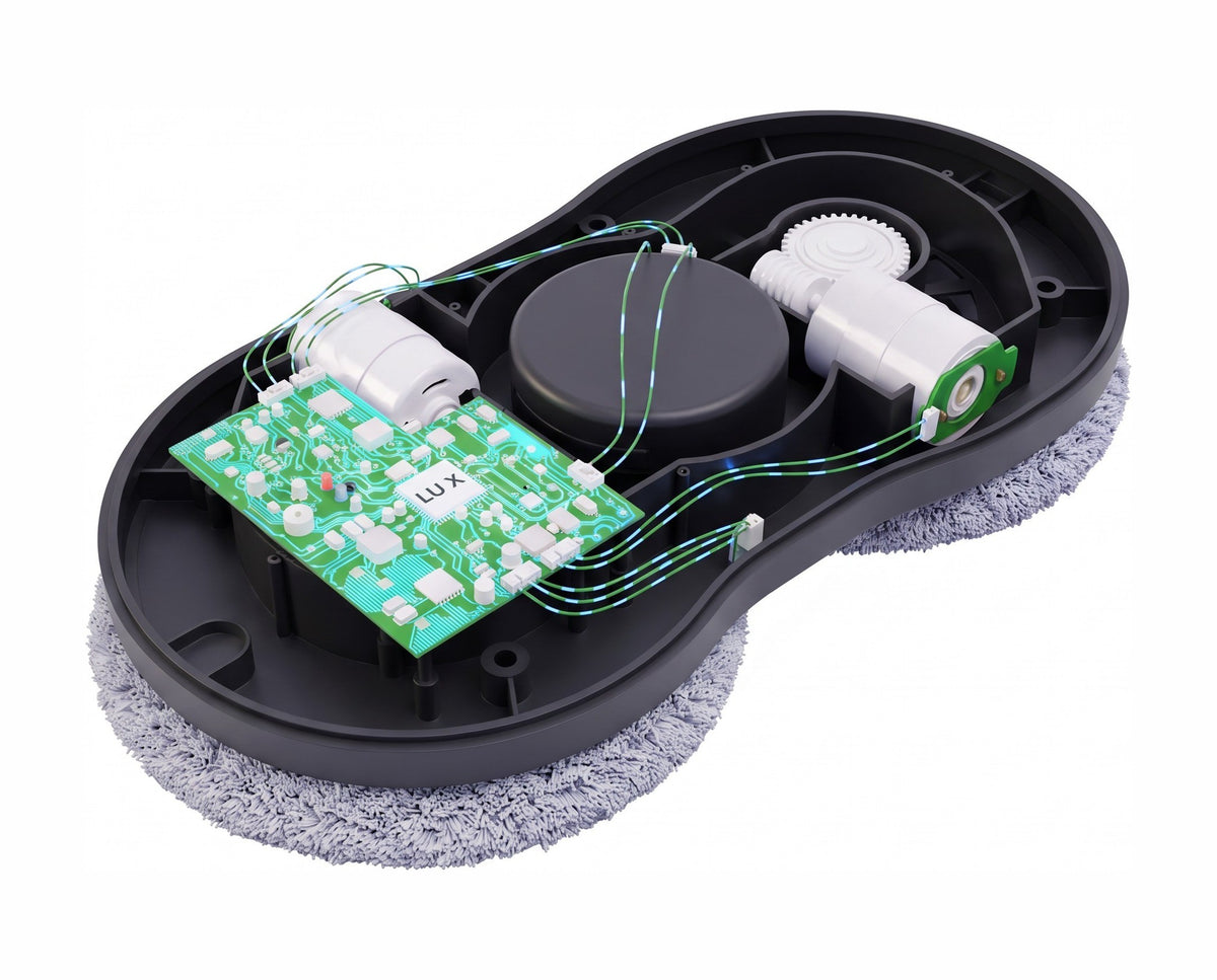Intérieur du robot lave-vitre LU PRO CLEAN : carte électronique et moteur LU X