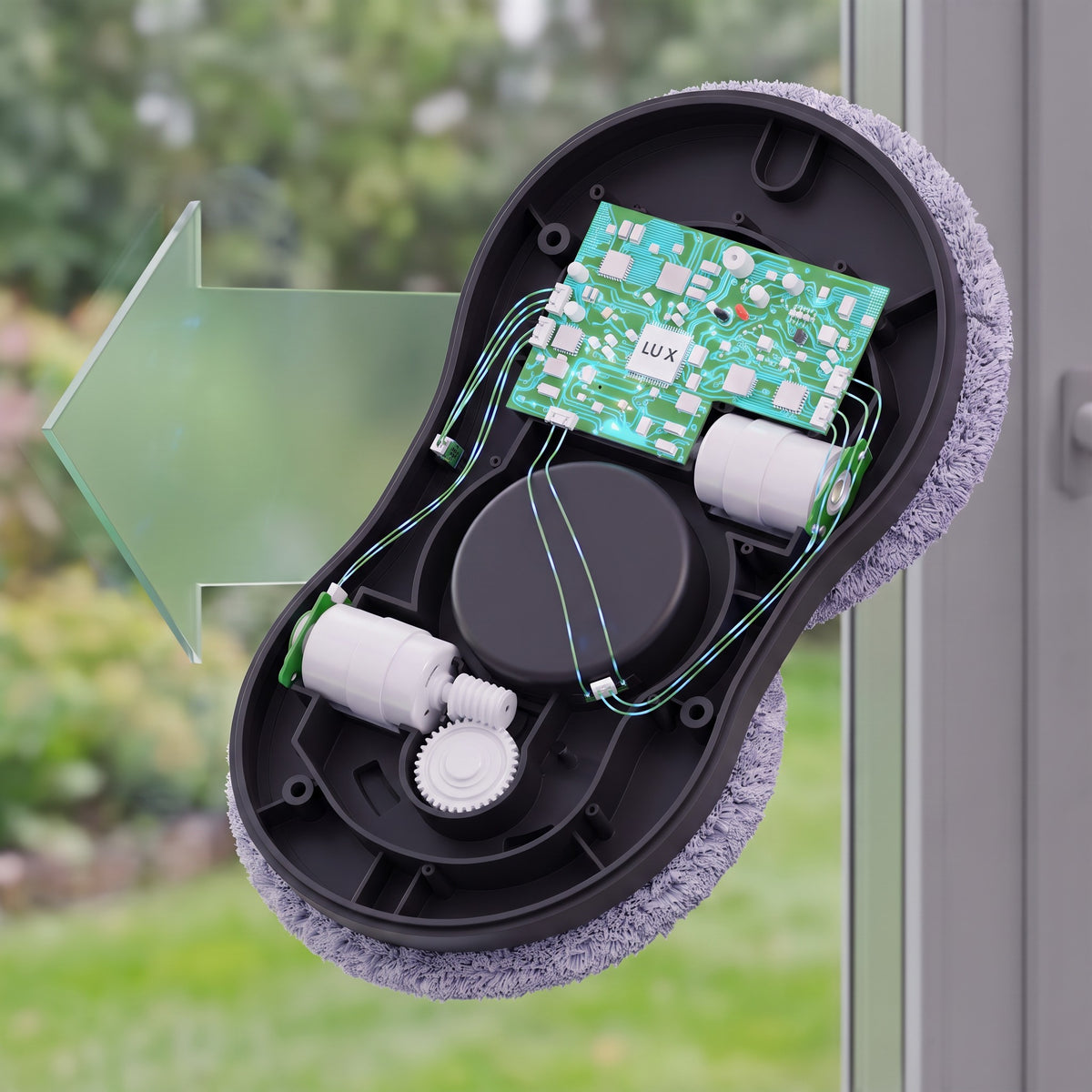 Intérieur du robot lave-vitre LU PRO CLEAN sur une vitre : carte électronique et moteur LU X